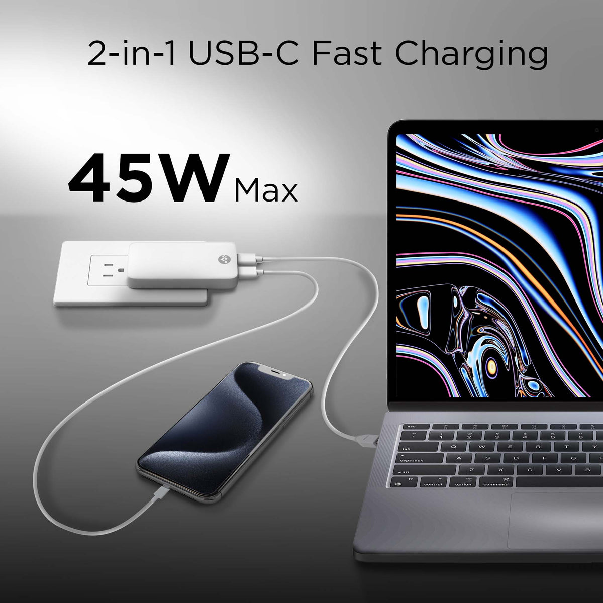45W Slim Power Adapter – USB-C PD Fast Charger for Laptop Phone Tablet