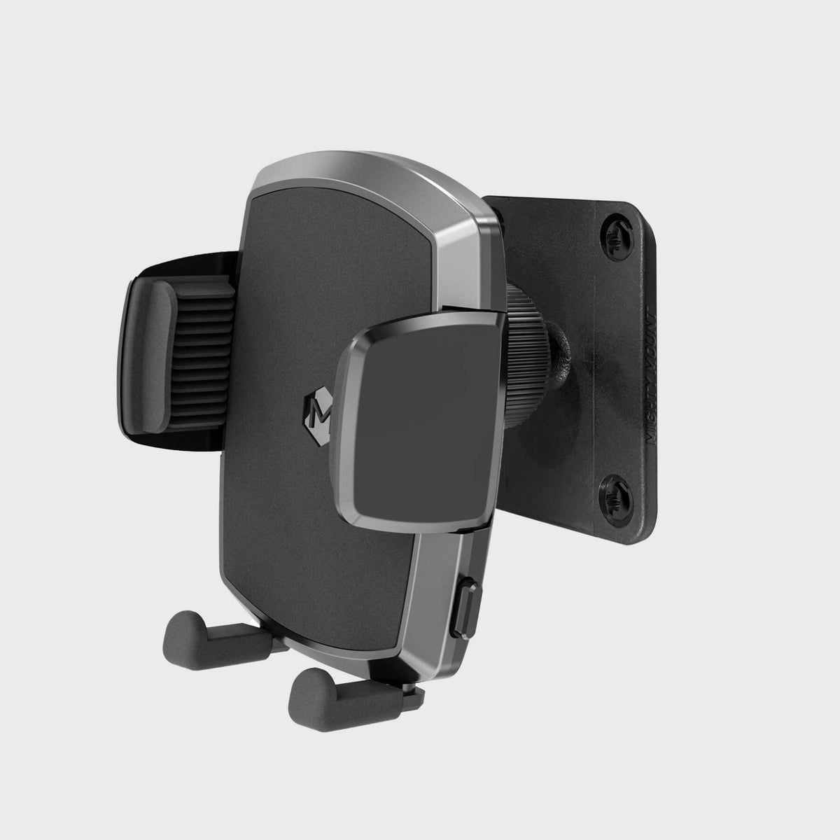 Black car mount with adjustable arm and deep-grip cradle for securely holding thicker devices, mounted on vehicle dashboard.