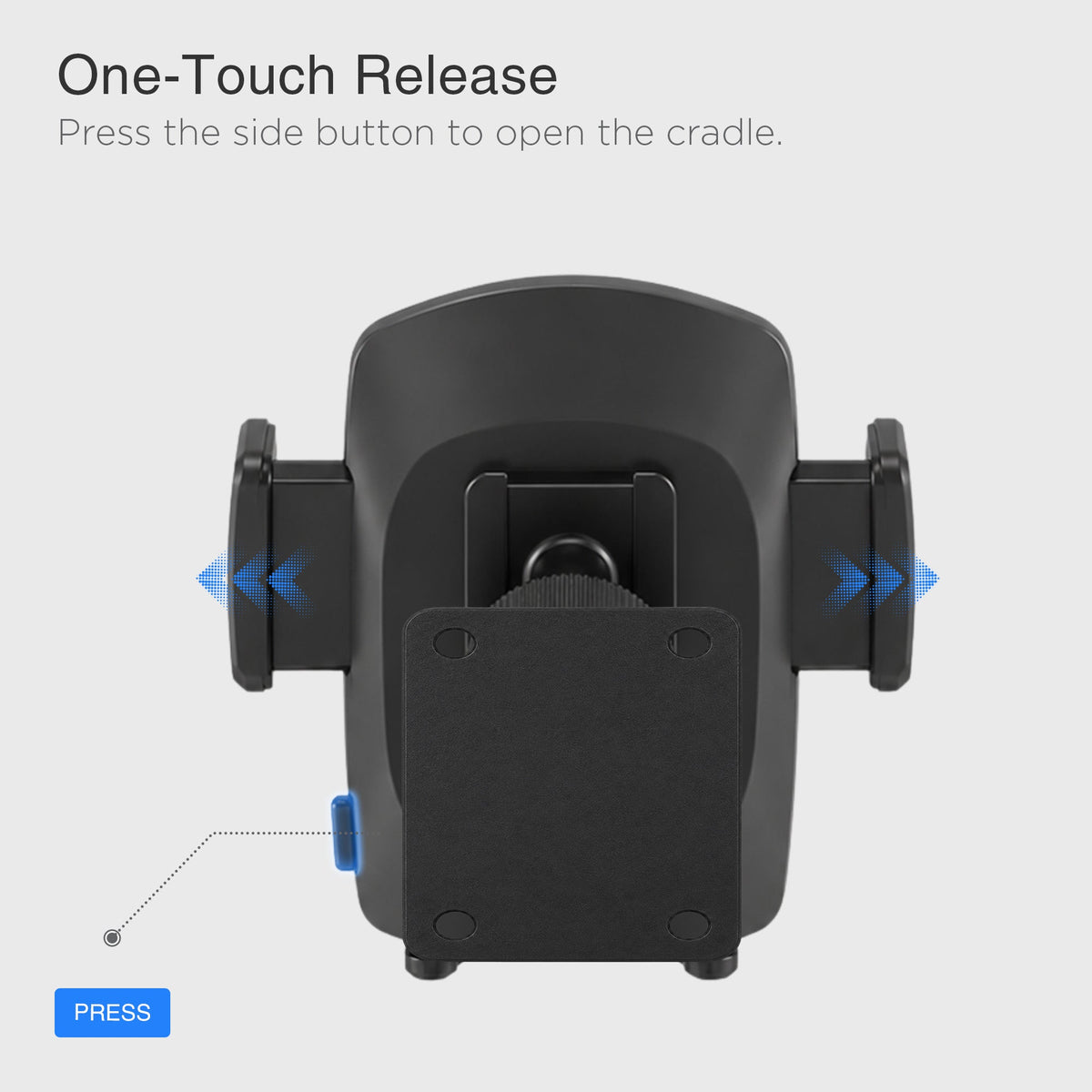 Deep-grip cradle with secure hold for thicker devices, made of transparent material with side release button for quick phone access.