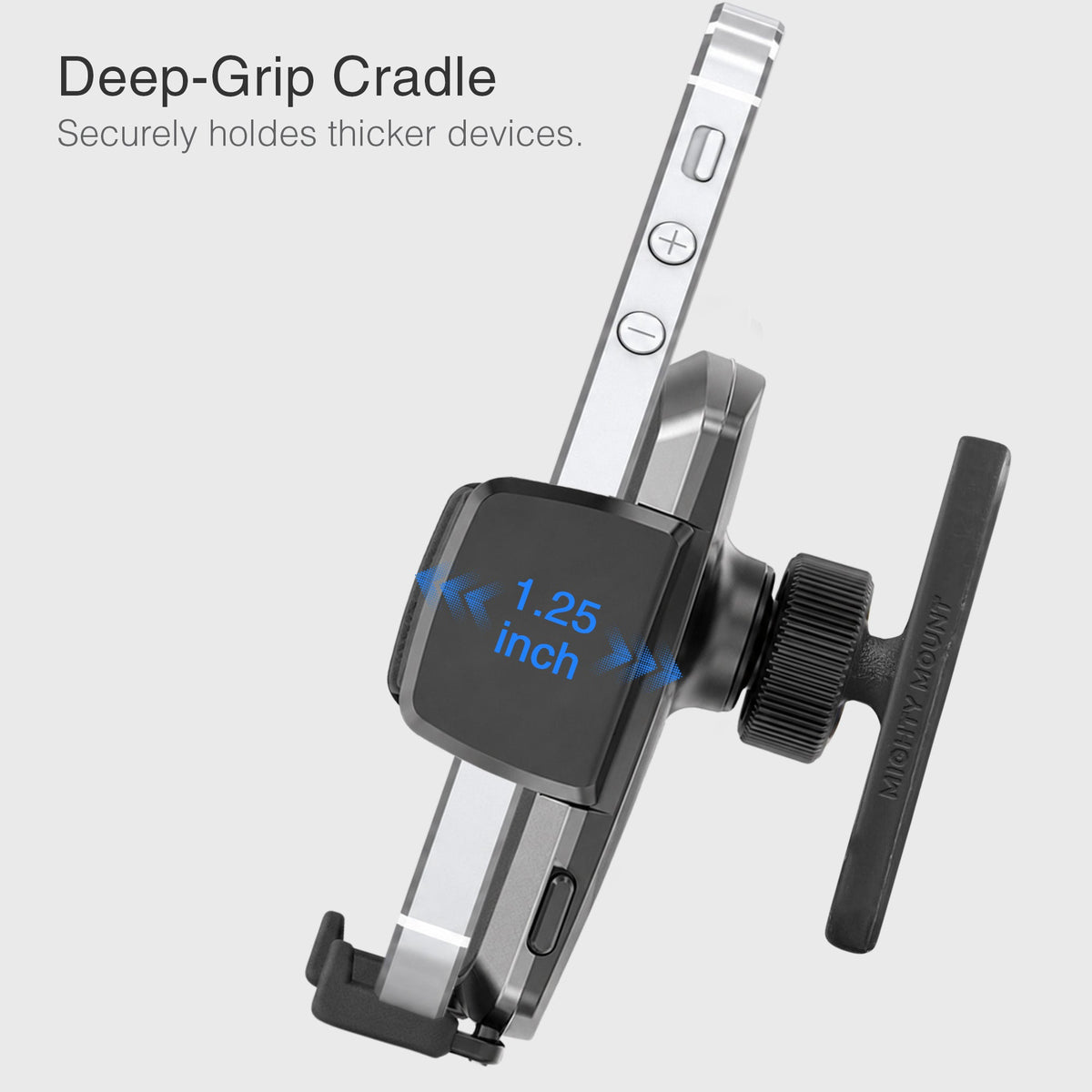 Close-up of adjustable arm with blue arrow icons indicating 1.25 inch extension capability for customizable phone positioning.