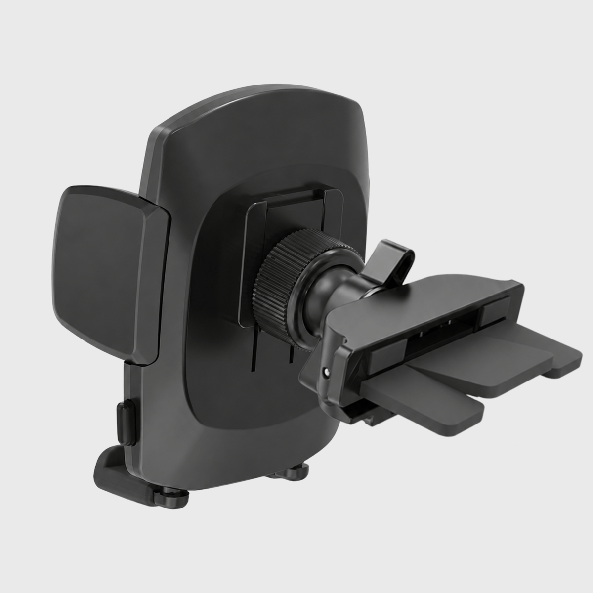 Black car mount with adjustable cradle and air vent clip, mounted on vehicle dashboard near air conditioning controls