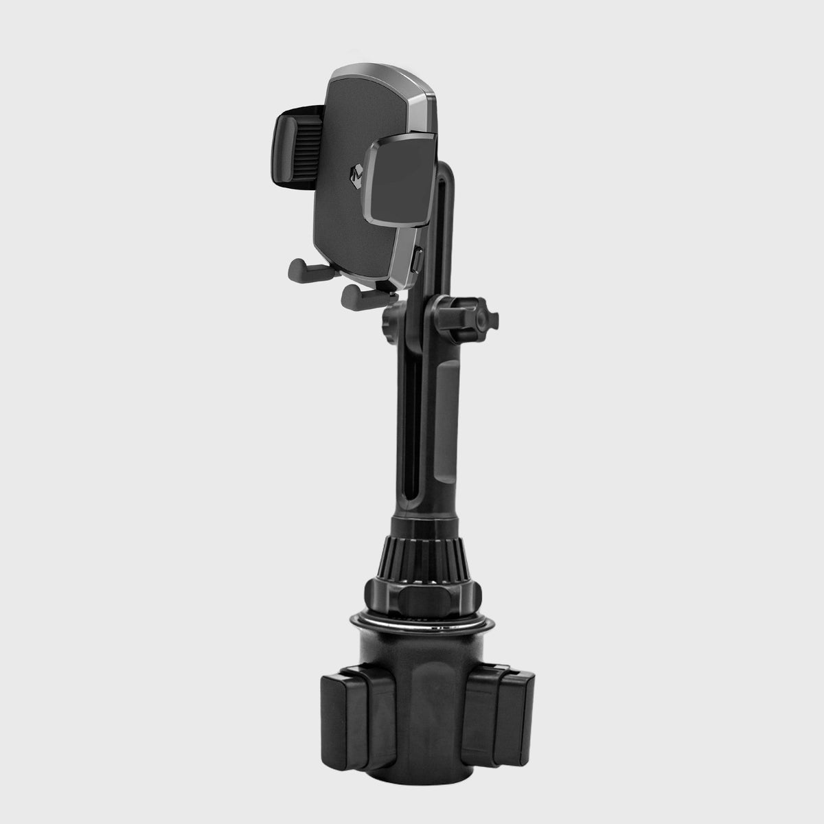 Black car mount with adjustable cradle and rubber padding for smartphones, mounted on a vehicle's dashboard with suction cup base