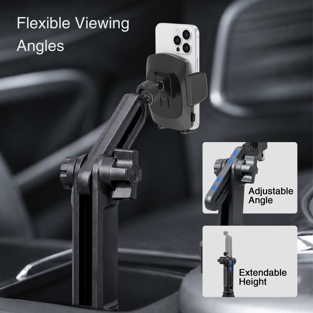 Close-up of black car mount with flexible viewing angles, showing adjustable cradle and mounting mechanism for smartphones