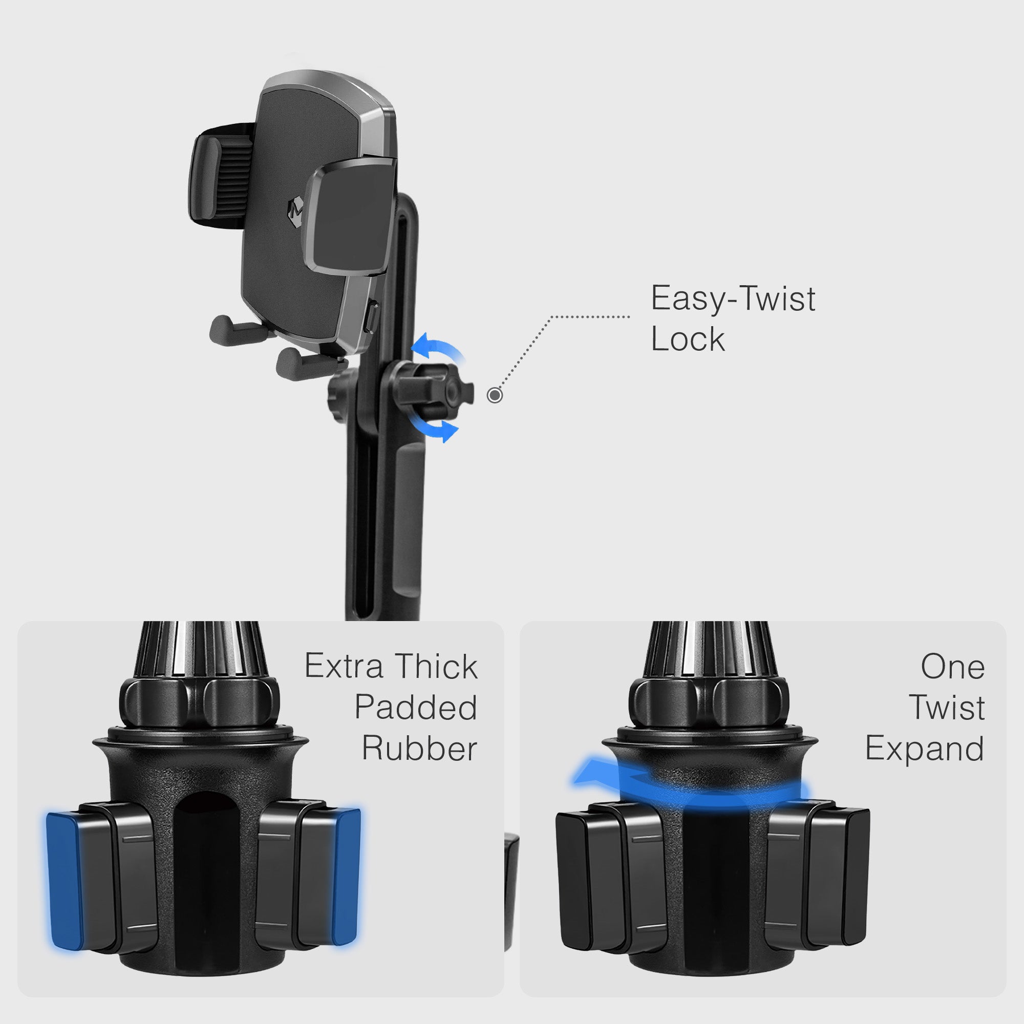 Car mount with extra thick padded rubber and extendable height, mounted on vehicle dashboard with smartphone in cradle
