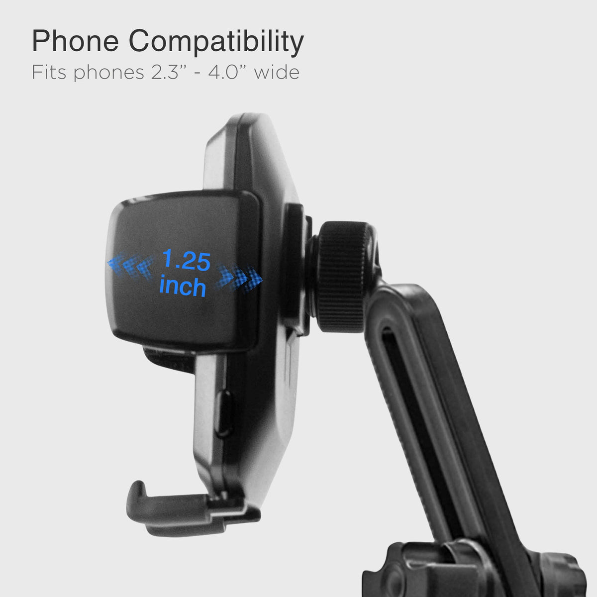 Close-up of black car mount with adjustable clamp for phones 2.3 to 4 inches wide, mounted on vehicle's dashboard or windshield