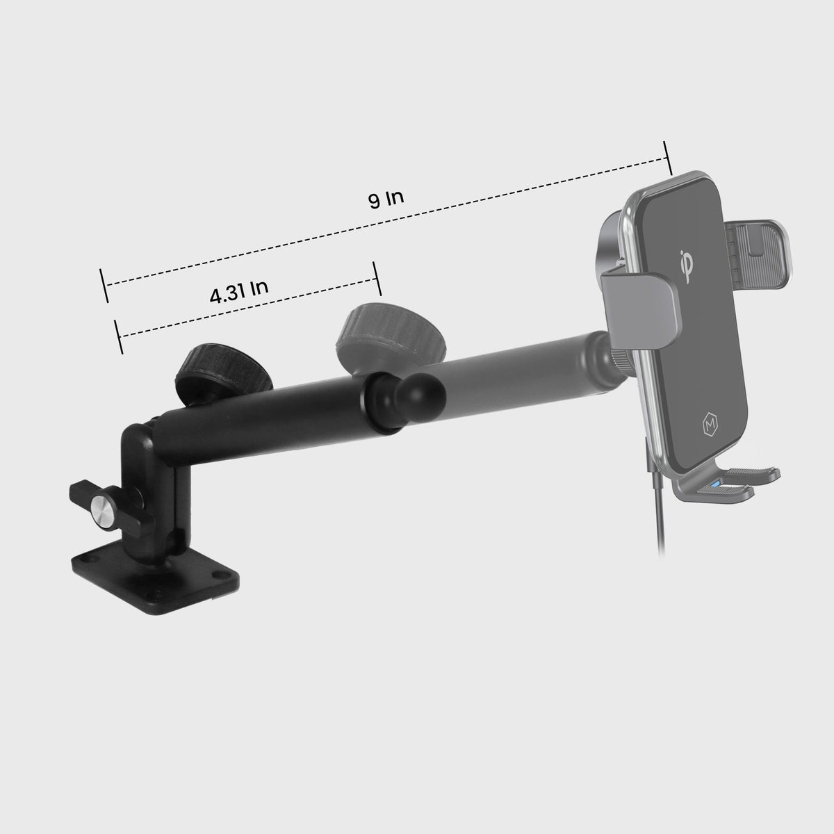 Side view of the adjustable arm and clamp of the rugged auto grip wireless car charger mount, measuring 4.31 inches in length and 9 inches in height.