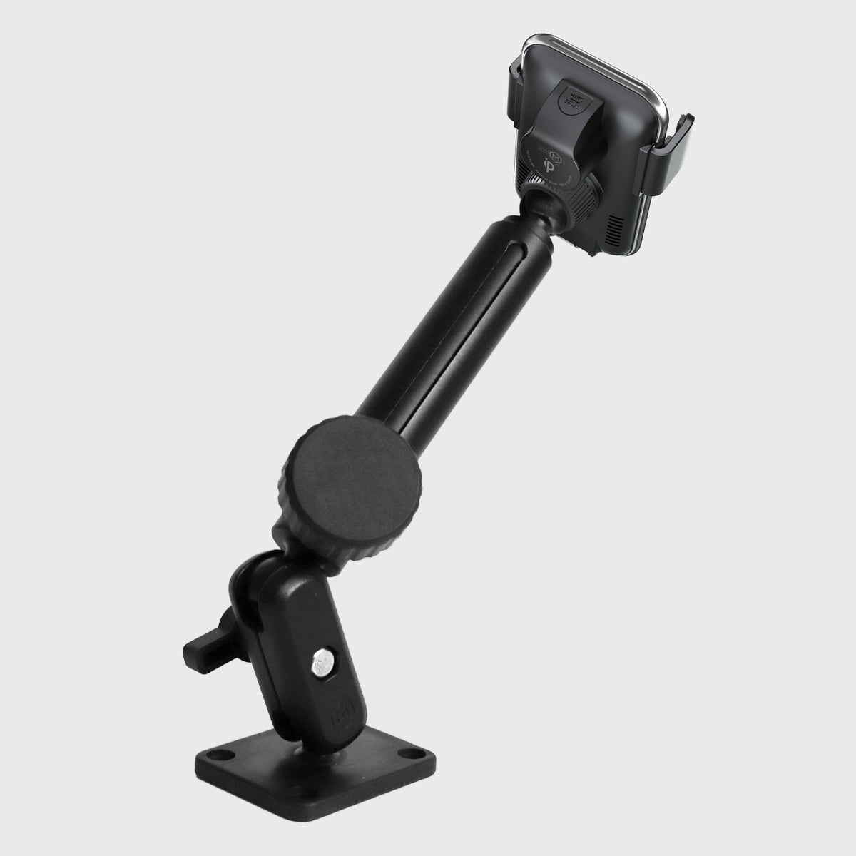 Top-down view of the industrial mount with the wireless car charger attached, showing dimensions of 1.8 inches by 2.05 inches for the mounting base.