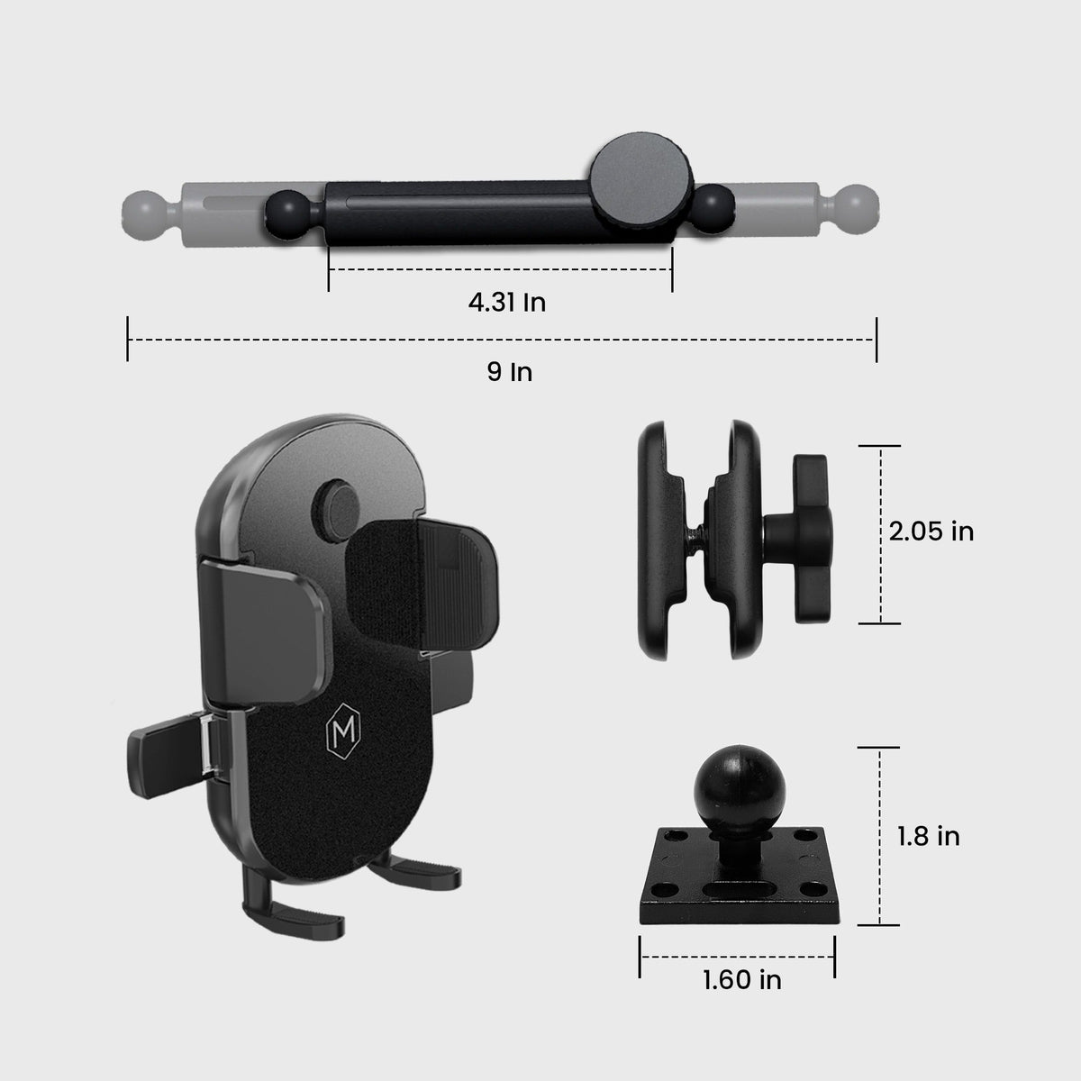 Side view of the heavy-duty phone mount showing adjustable arm and secure grip, ideal for industrial environments, SKU: M4500-65