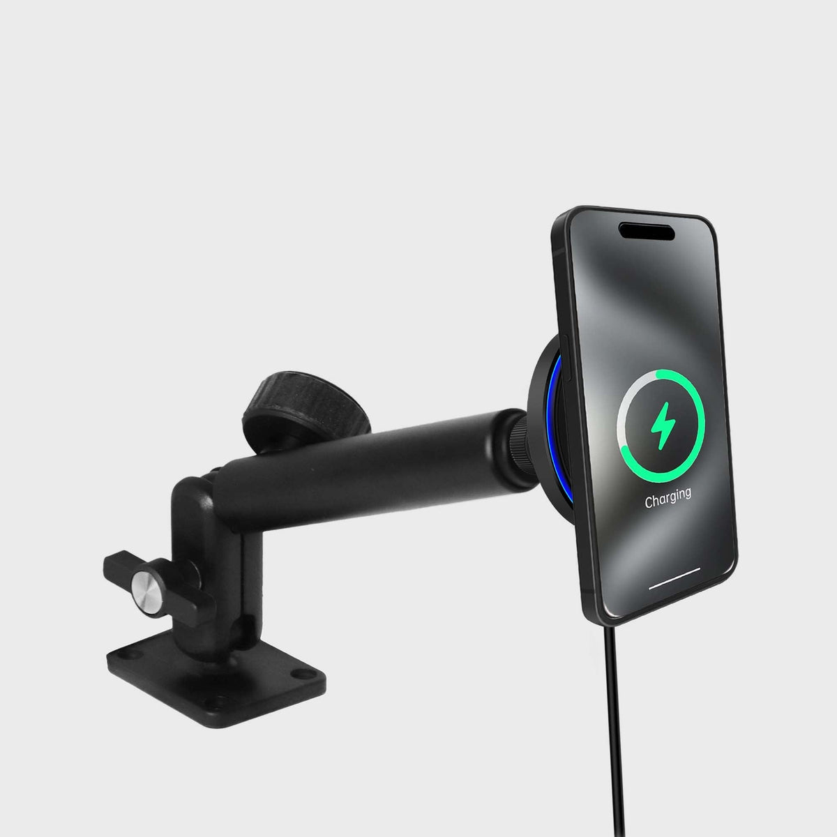 Close-up of the magnetic phone mount with dimensions showing 4.31 inches diameter, mounted on a black metal arm for vehicle installation