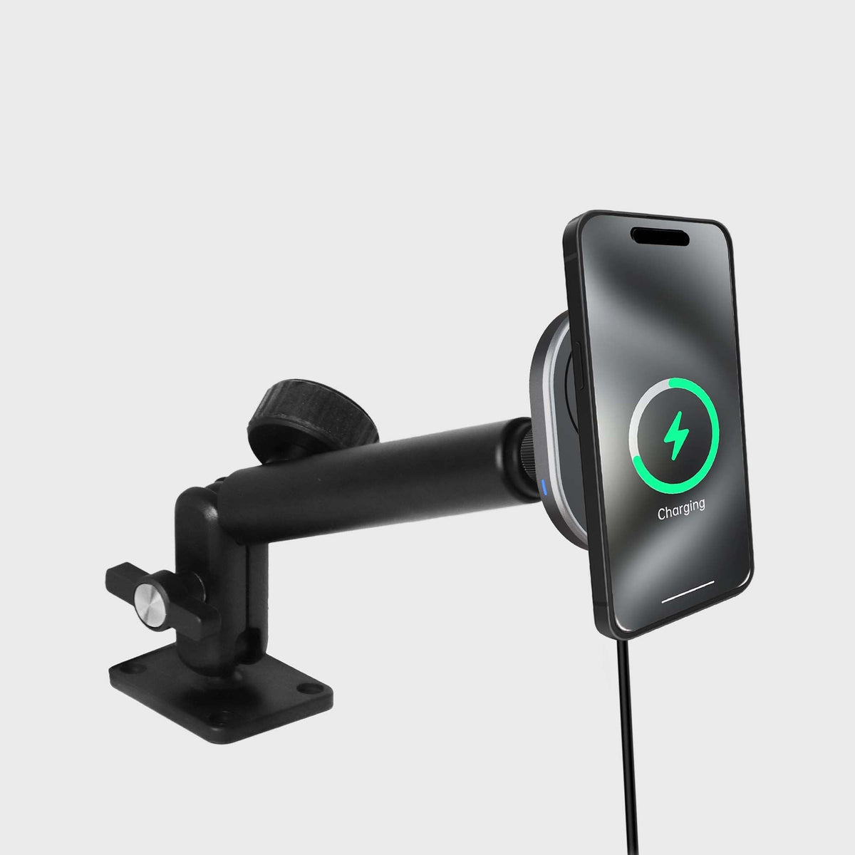 Close-up of the magnetic wireless charger mount with dimensions 4.31 inches by 9 inches, featuring a black adjustable arm and mounting base