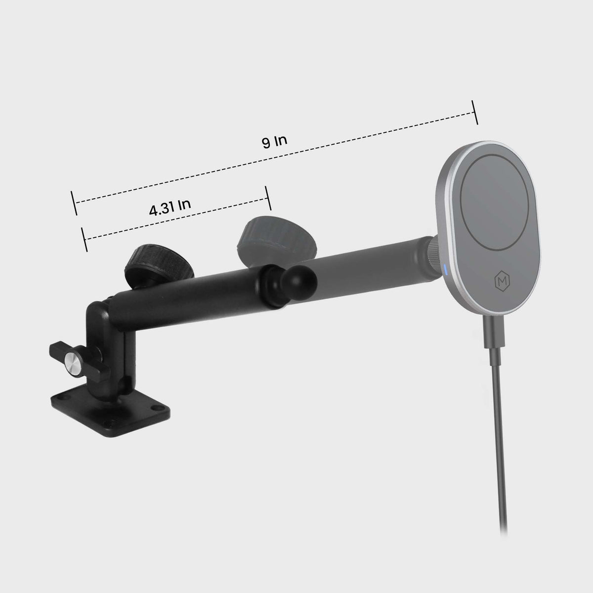 Wireless charging phone mount with a magnetic pad, adjustable arm, and dimensions 1.8 inches by 2.05 inches, suitable for industrial applications