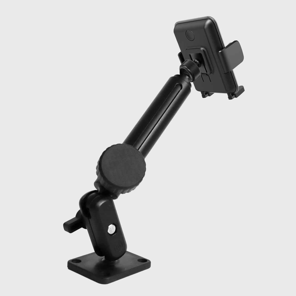 Side view of the heavy-duty industrial phone mount with adjustable knob, measuring 4.31 inches wide and 9 inches long