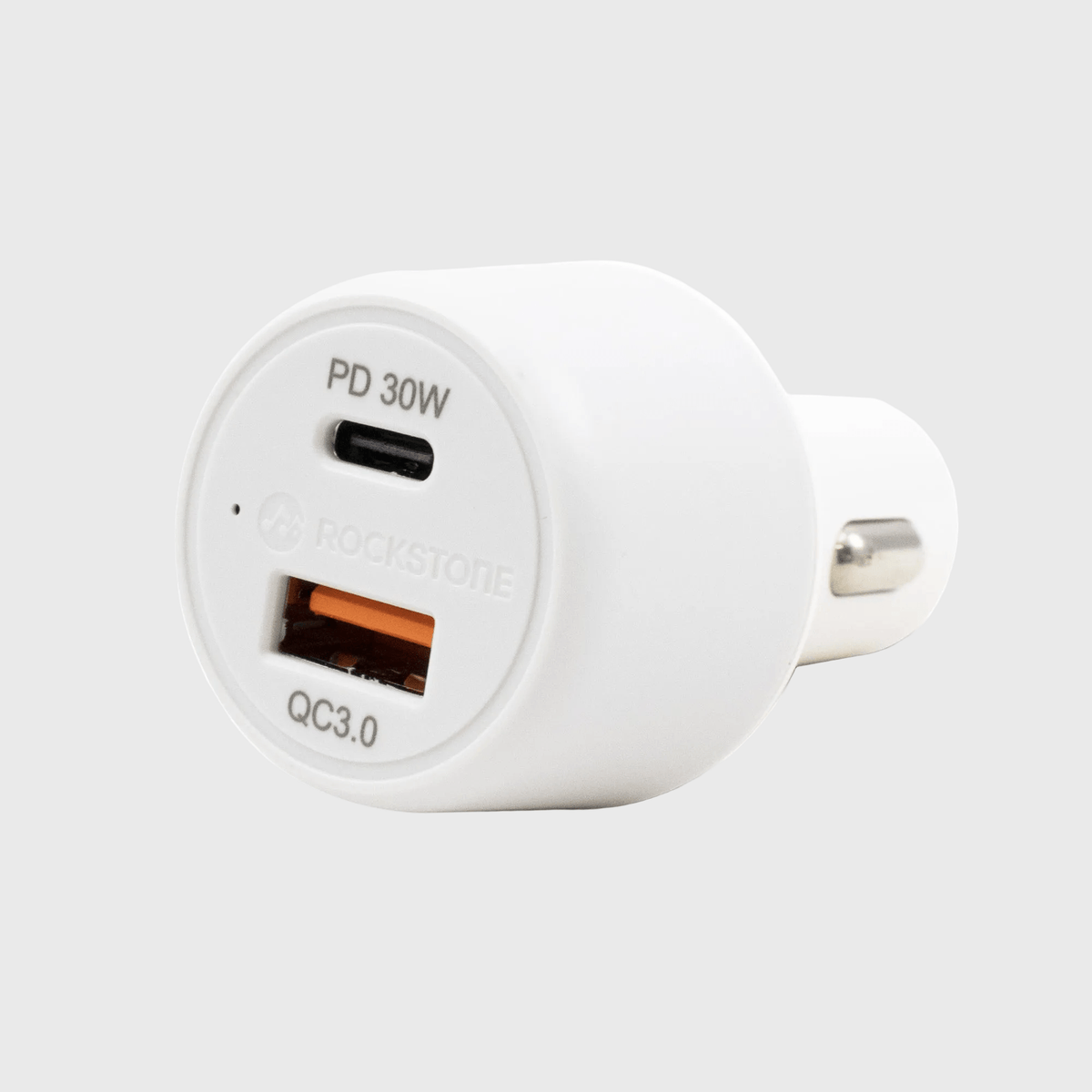 Close-up of white car charger with USB-C and USB-A ports, showing detailed ports and labels, ideal for fast charging, SKU: R3018-00
