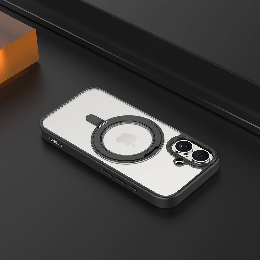 iPhone 16 Frost Case with 360° MagSafe Kickstand – Drop Protection Metal Buttons Slim Cover