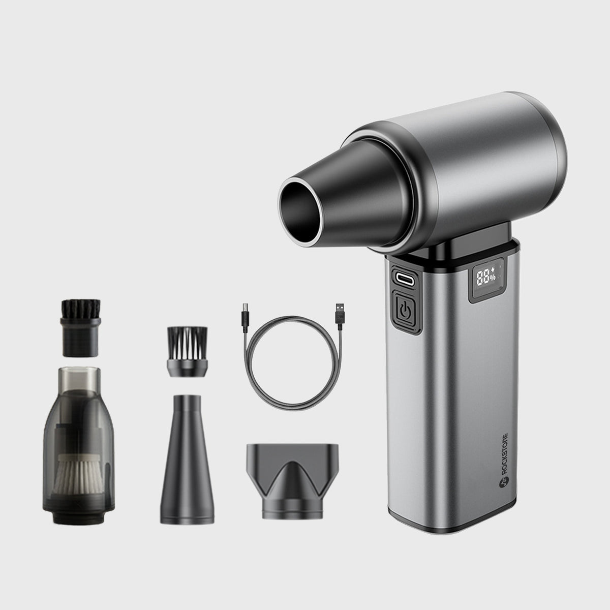 Close-up of the black cordless air duster vacuum tool with digital display, showing dual airflow and powerful modes for versatile cleaning