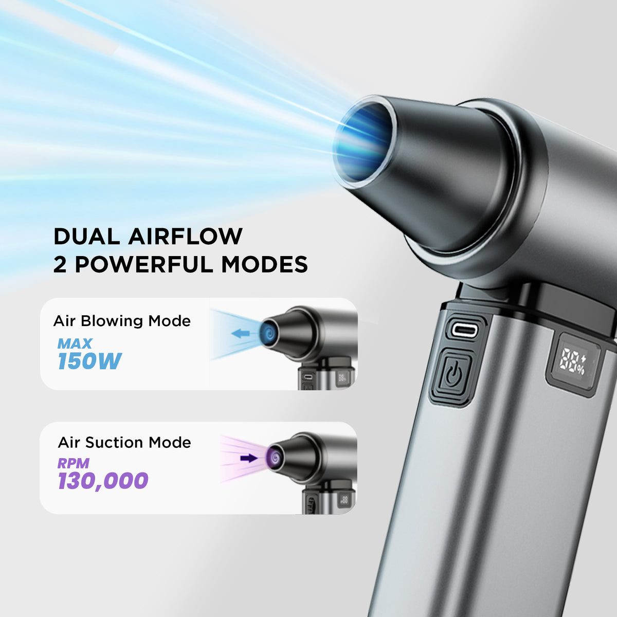 Black portable fan, air duster, and vacuum device with digital display, multiple nozzles, and a modern ergonomic design