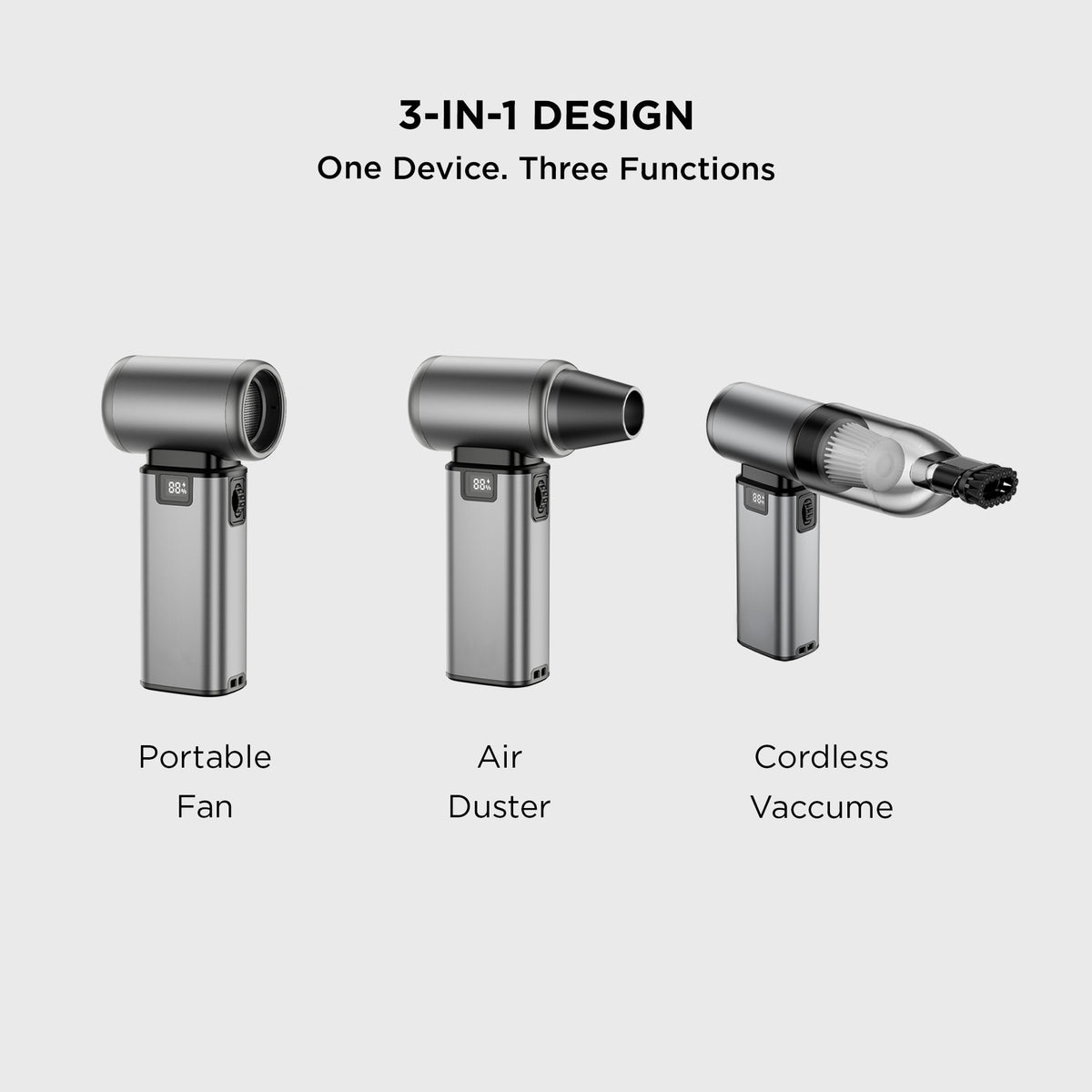 Black portable air duster, fan, and vacuum device with digital display, multiple nozzles, and a sleek modern design
