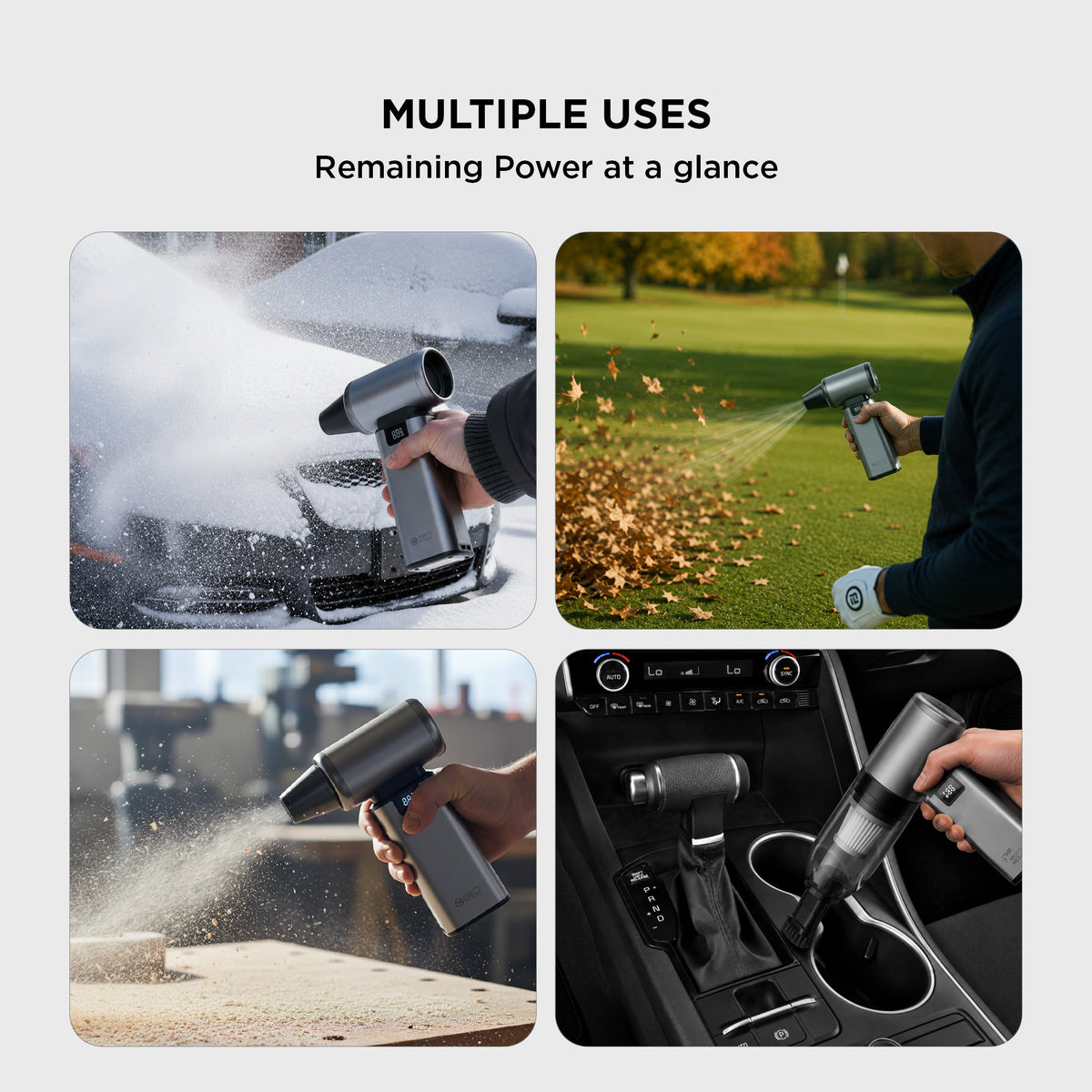 Black cordless air duster with digital display and multiple attachments for cleaning car, home, and outdoor surfaces