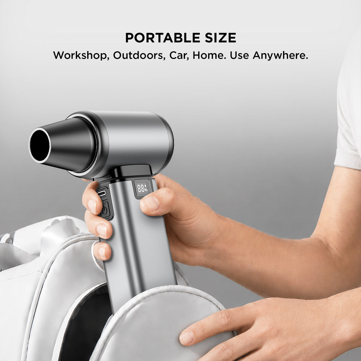 Black hard case for storing the cordless air duster and its accessories securely