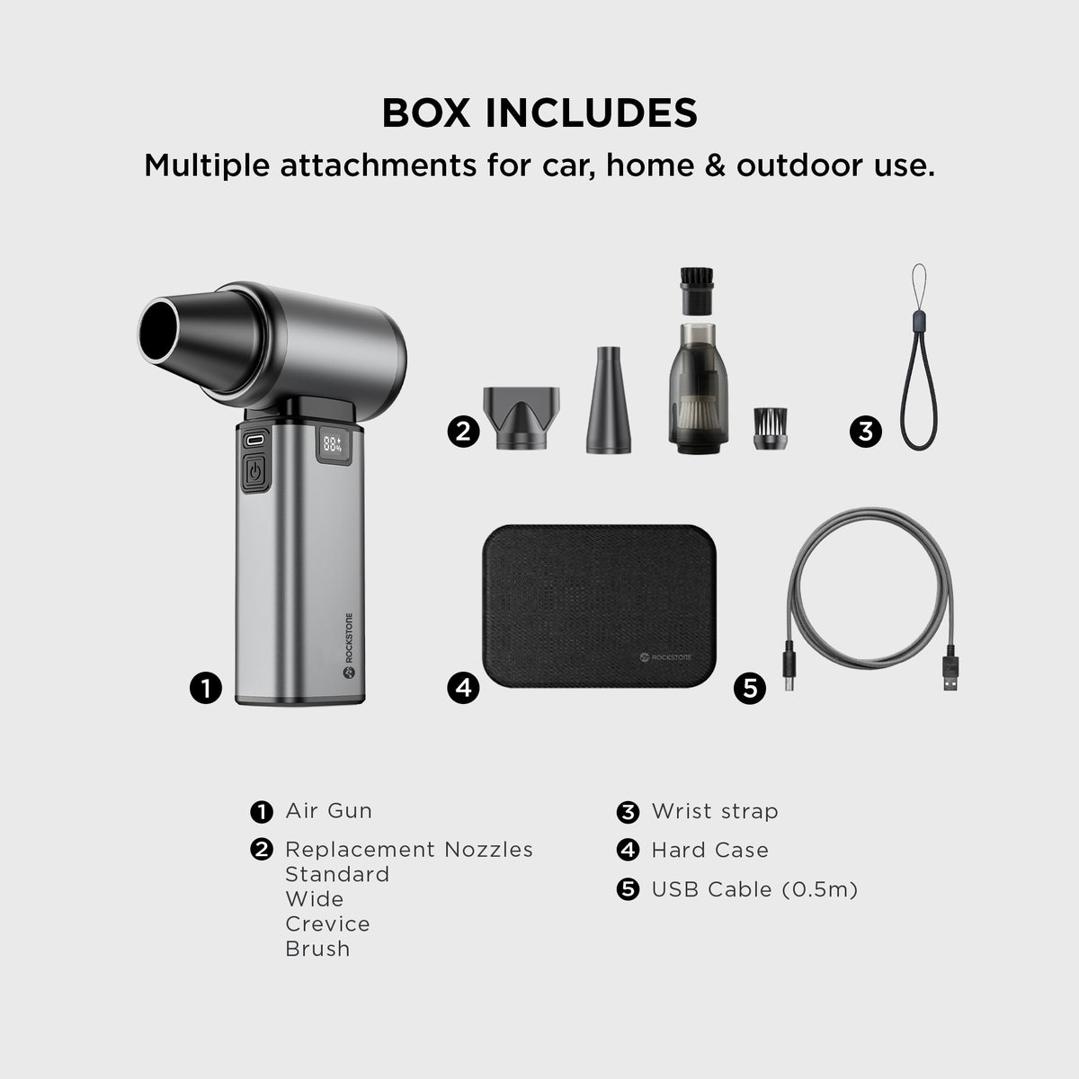 Replacement nozzles and wide crevice brush attachments for versatile cleaning with the cordless air duster