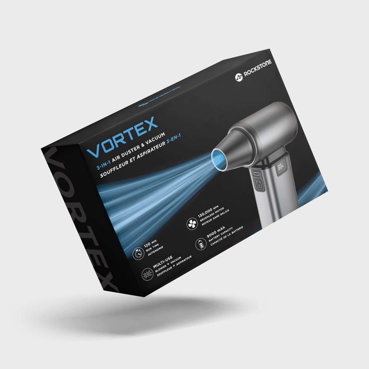 Black cordless air duster vacuum tool with digital display, multiple attachments, and a sleek modern design for cleaning and inflating