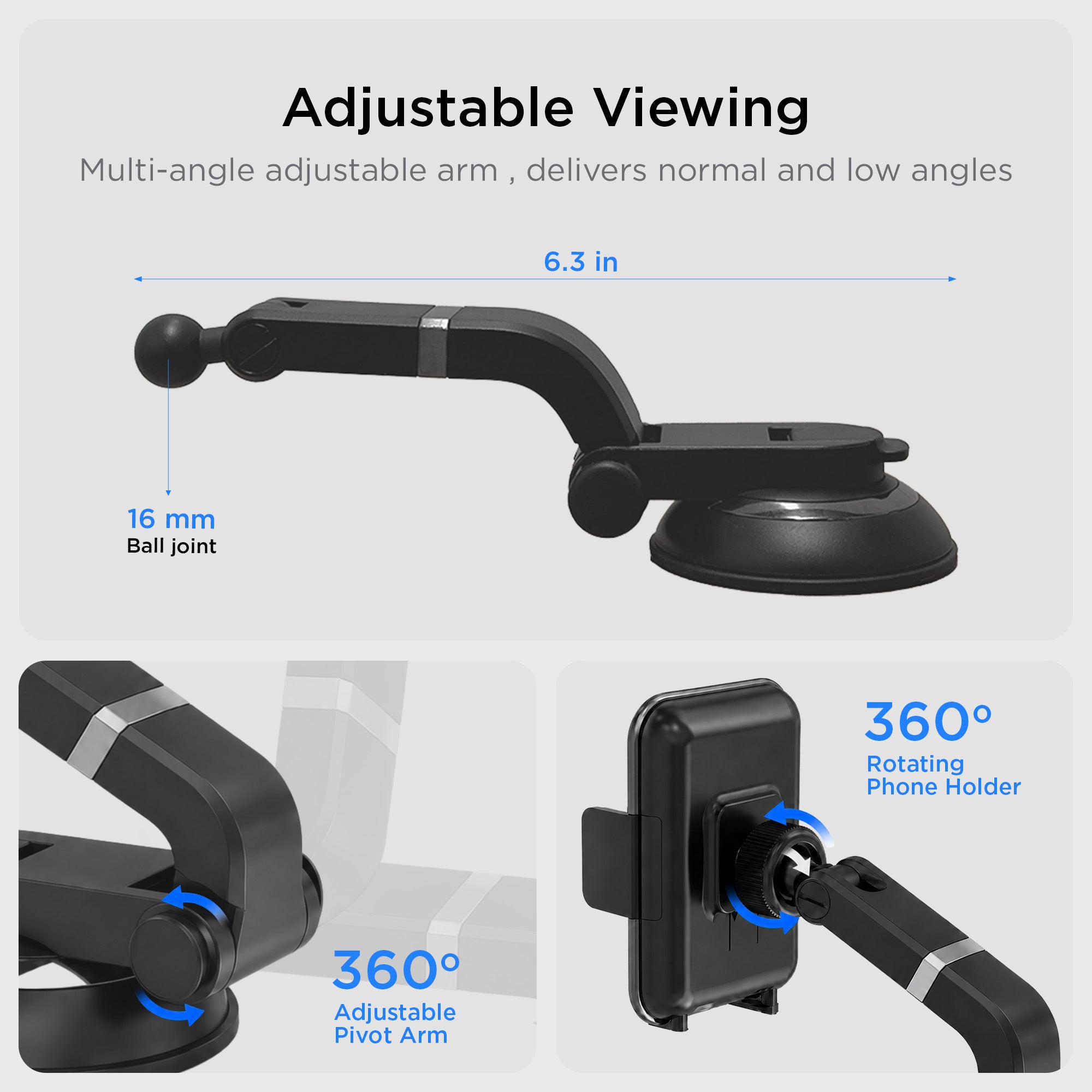 One-Touch Cradle Phone Mount With Multi-Angle Adjustable Suction Cup for iPhone and Android