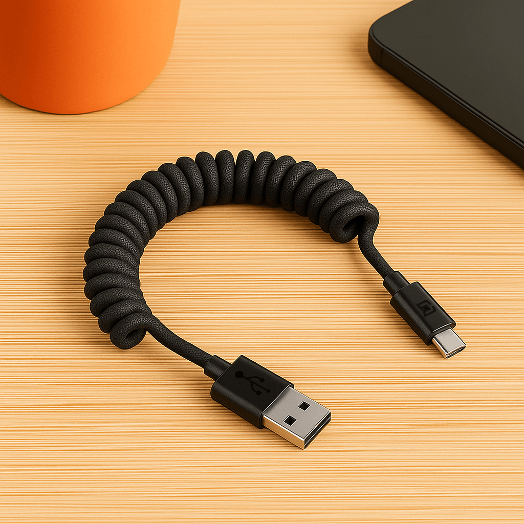 Close-up of black braided coiled USB-C to USB-A charging cable on wooden surface, SKU: C0520-30