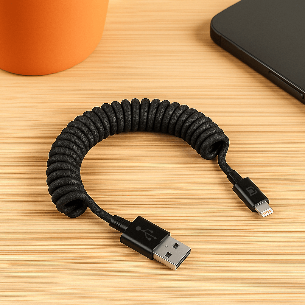 Close-up of black braided coiled USB-A to Lightning cable on wooden surface, showing magnetic connectors and flexible coil design