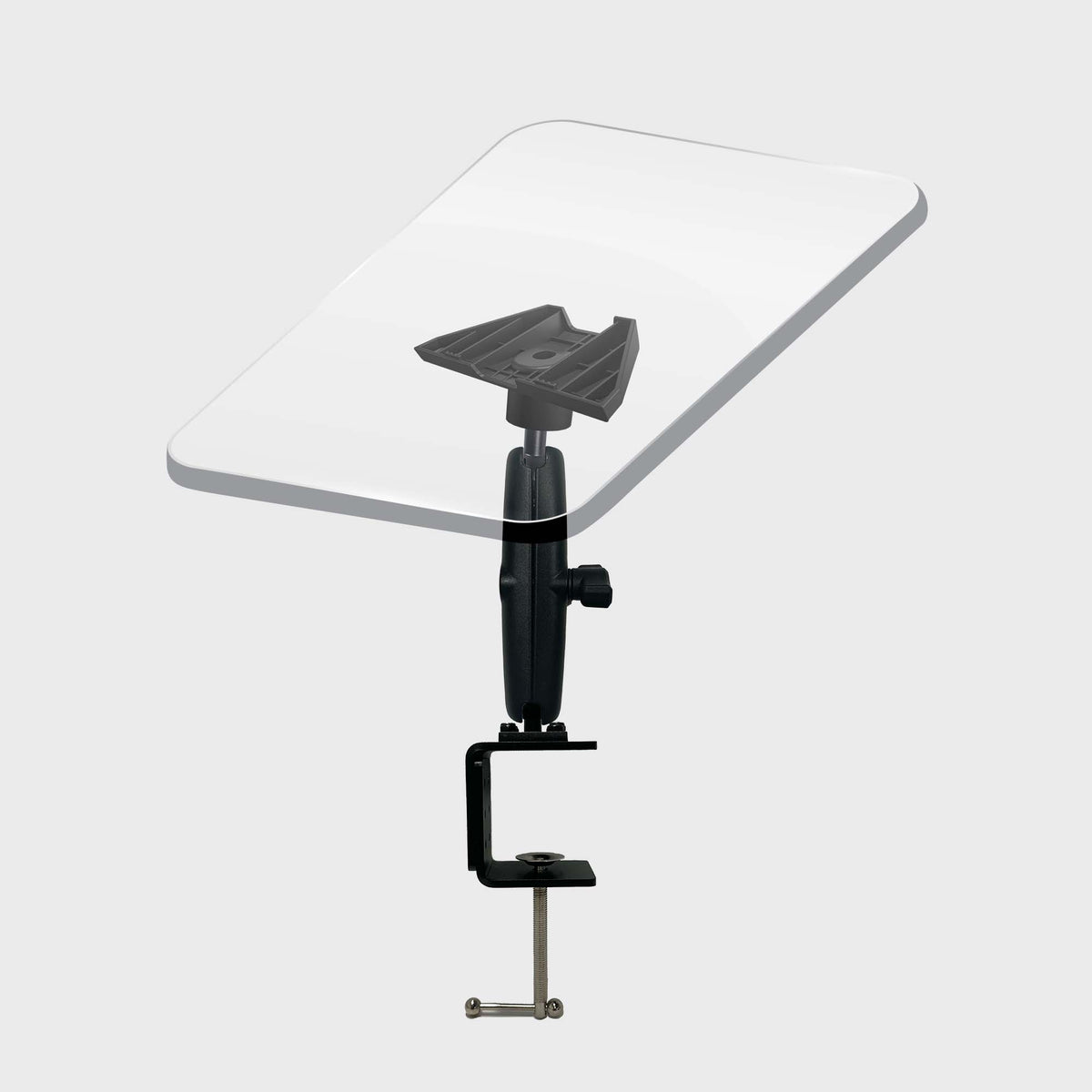 Heavy duty desk mount base for Starlink Mini with black plastic construction, low-profile design, and adjustable arm for indoor use