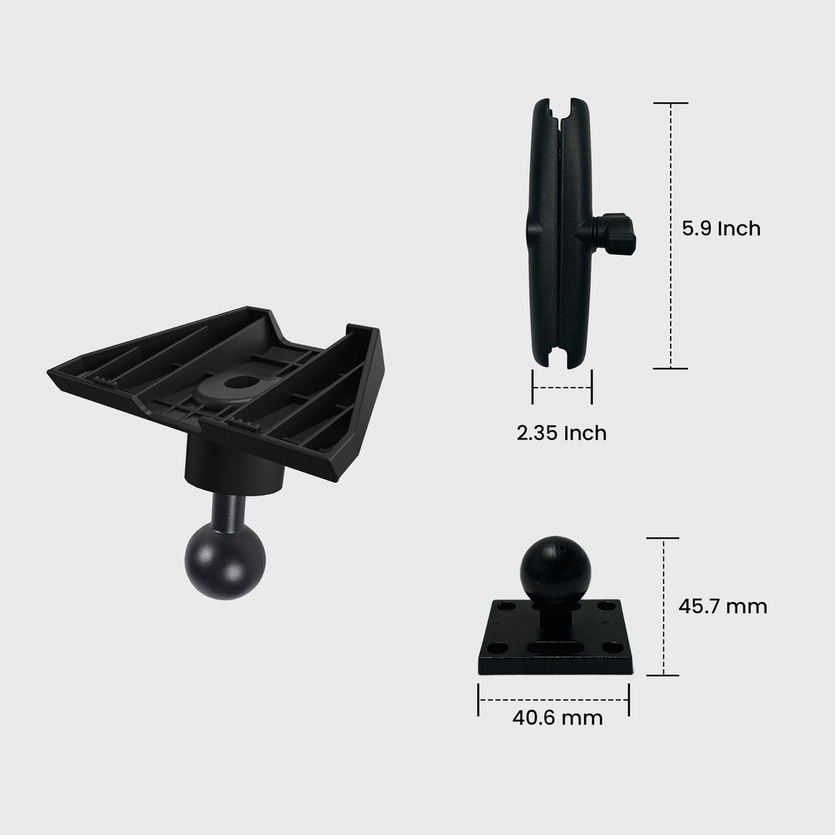 Black AMPS plate mount for Starlink Mini with adjustable tilt, measuring 5.9 inches in height and 2.35 inches in width, designed for secure satellite dish installation.