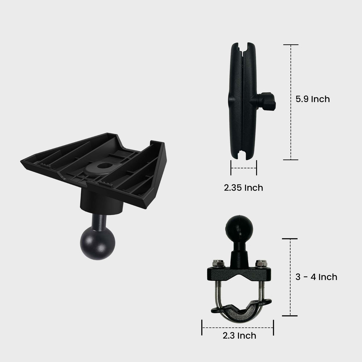 Black handlebar mount for Starlink Mini with a rugged clamp-style base measuring 2.3 x 3-4 inches, designed for secure outdoor connectivity