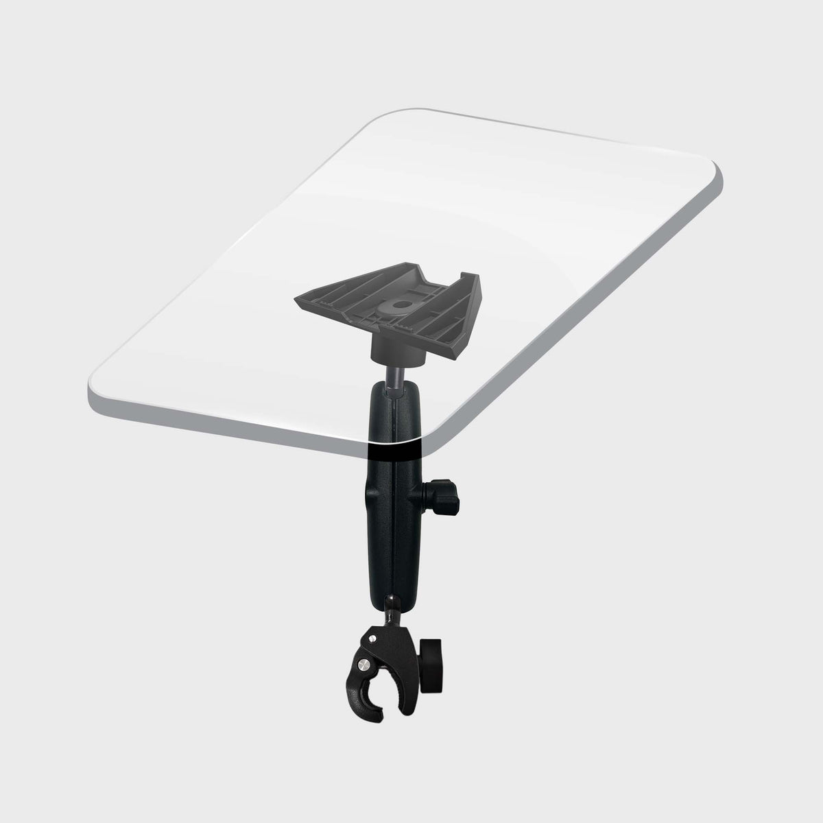 Black handlebar mount for Starlink Mini on a white table, adjustable clamp with mounting platform, compact design for outdoor use SKU: M9560-A1