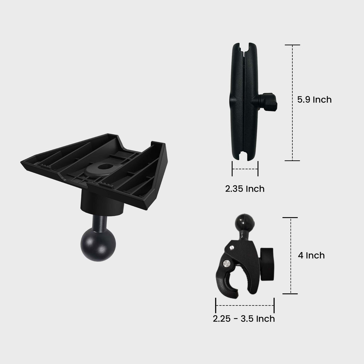 Black handlebar mount for Starlink Mini with adjustable clamp, measuring 5.9 inches in height and 2.35 inches in width, designed for vehicle use