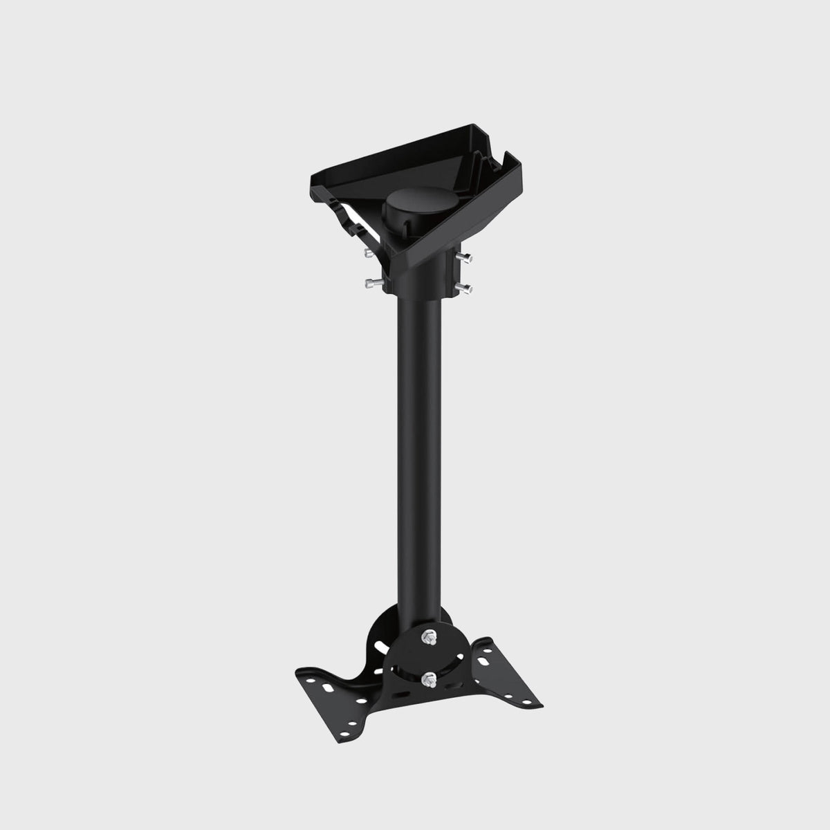 Close-up of black metal roof mount with adjustable clamps and mounting holes for secure outdoor satellite dish setup
