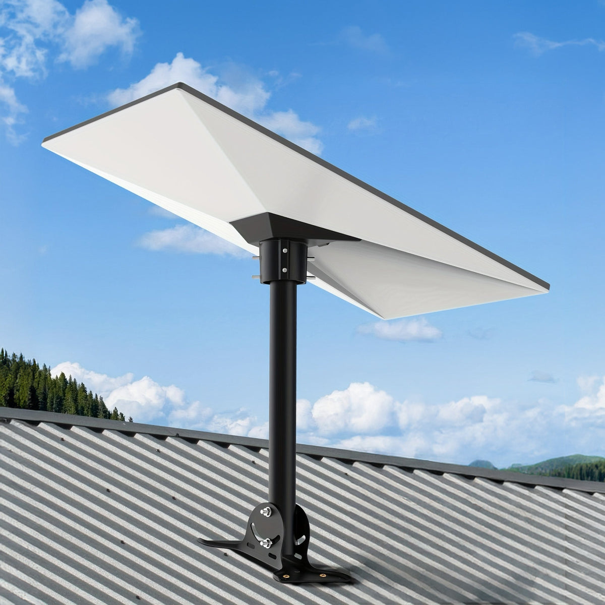 Close-up of the white flat roof-mounted panel against a blue sky with clouds, showing the outdoor satellite dish installation on a building roof