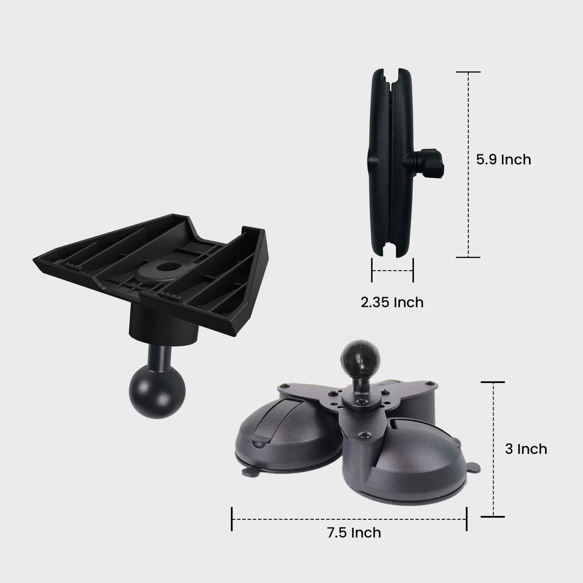Black triple suction cup mount for Starlink Mini with 7.5-inch diameter cups and 2.35-inch connector, designed for stable outdoor setups