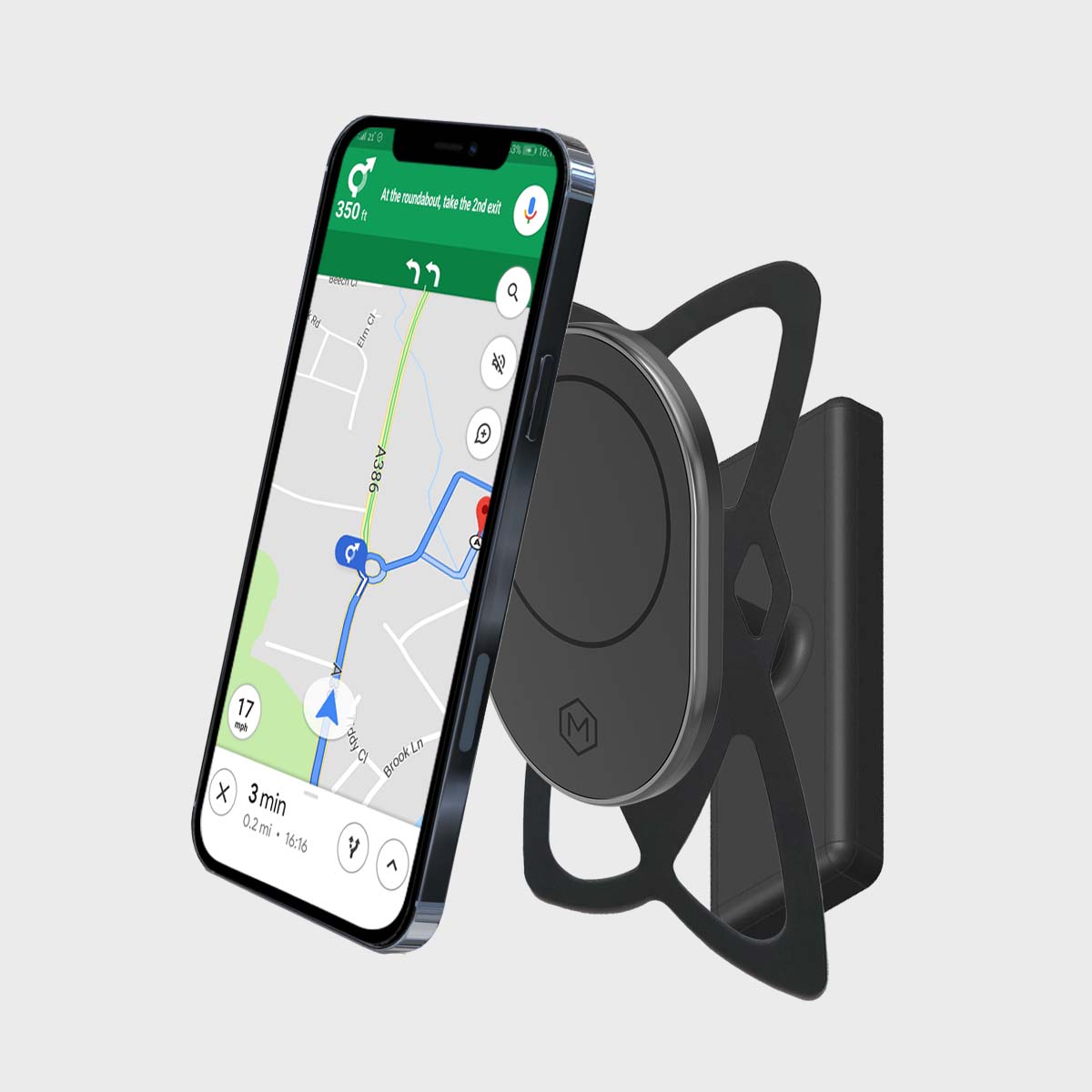 MagSafe magnetic golf cart mount attached to golf cart dashboard holding a smartphone with navigation app, black plastic material