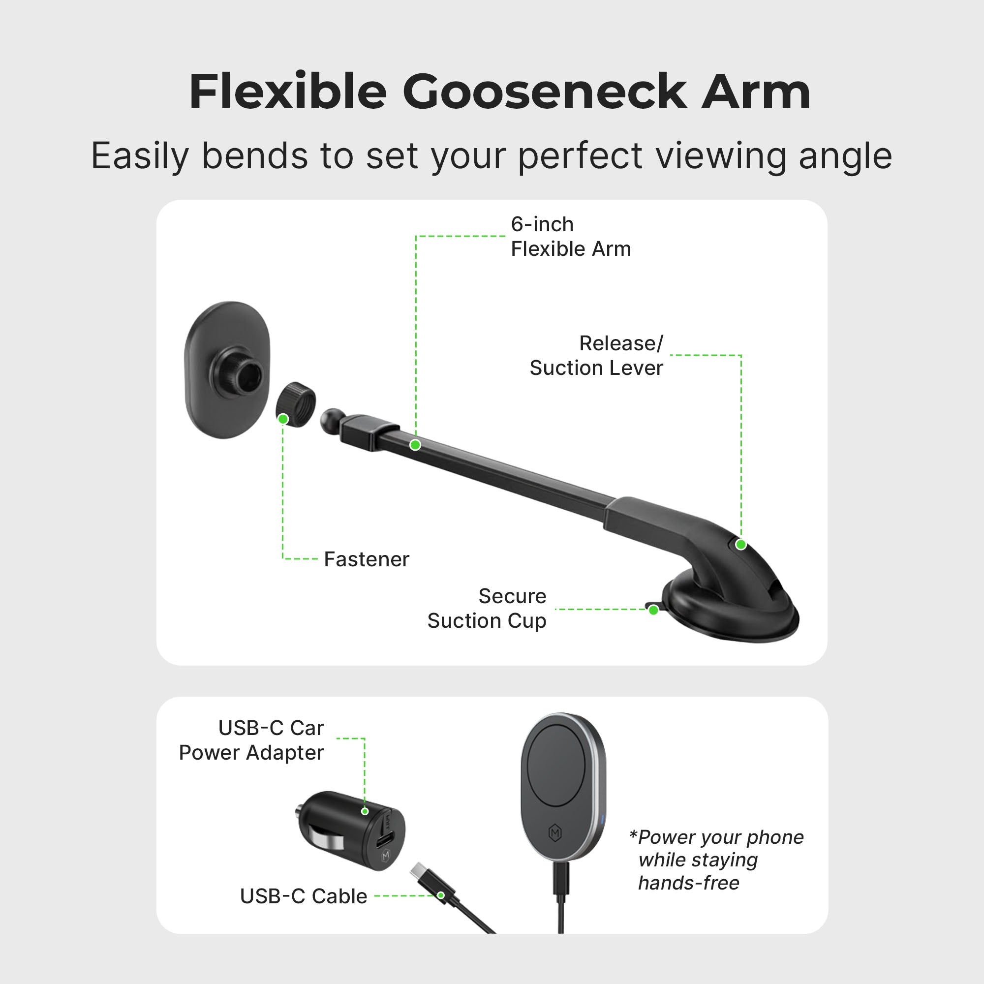 MagSafe Wireless Car Charger Flexible Gooseneck Phone Mount for iPhone and Android
