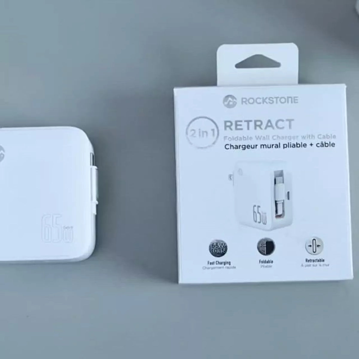 Packaging box of Rockstone Retract foldable wall charger with USB-C cable, 65W fast charging, foldable design, suitable for travel