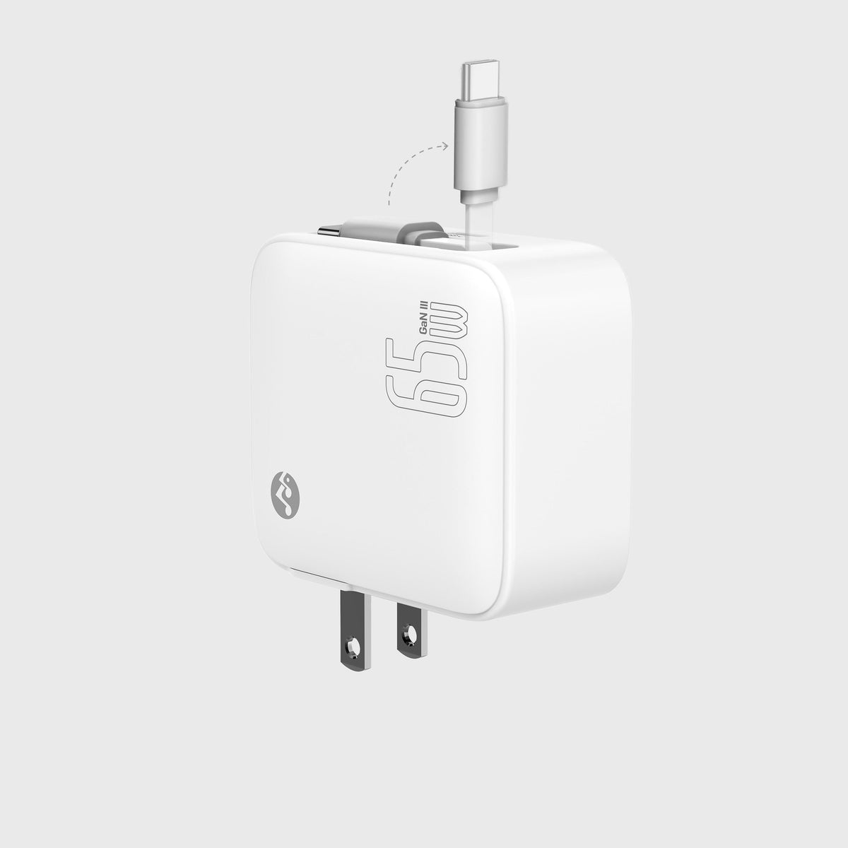 White retractable foldable wall charger with built-in USB-C cable, compact design, 65W power output, ideal for travel and home use