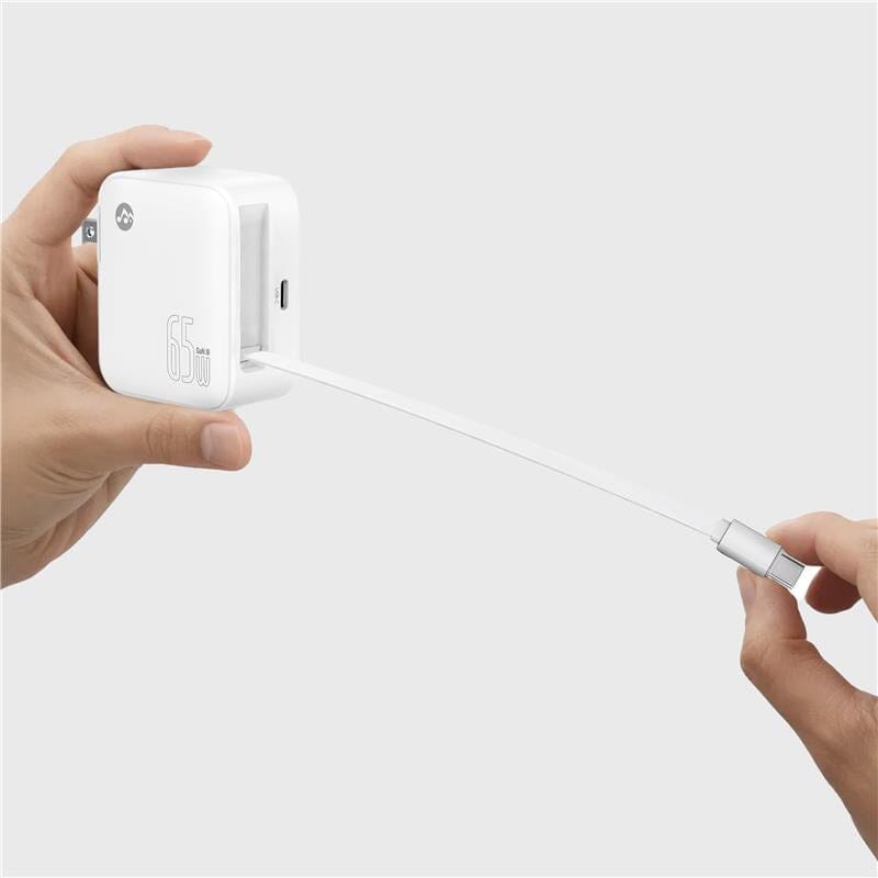 White 65W retractable foldable wall charger with built-in USB-C cable, compact design, ideal for travel and home use, SKU: R5565-00