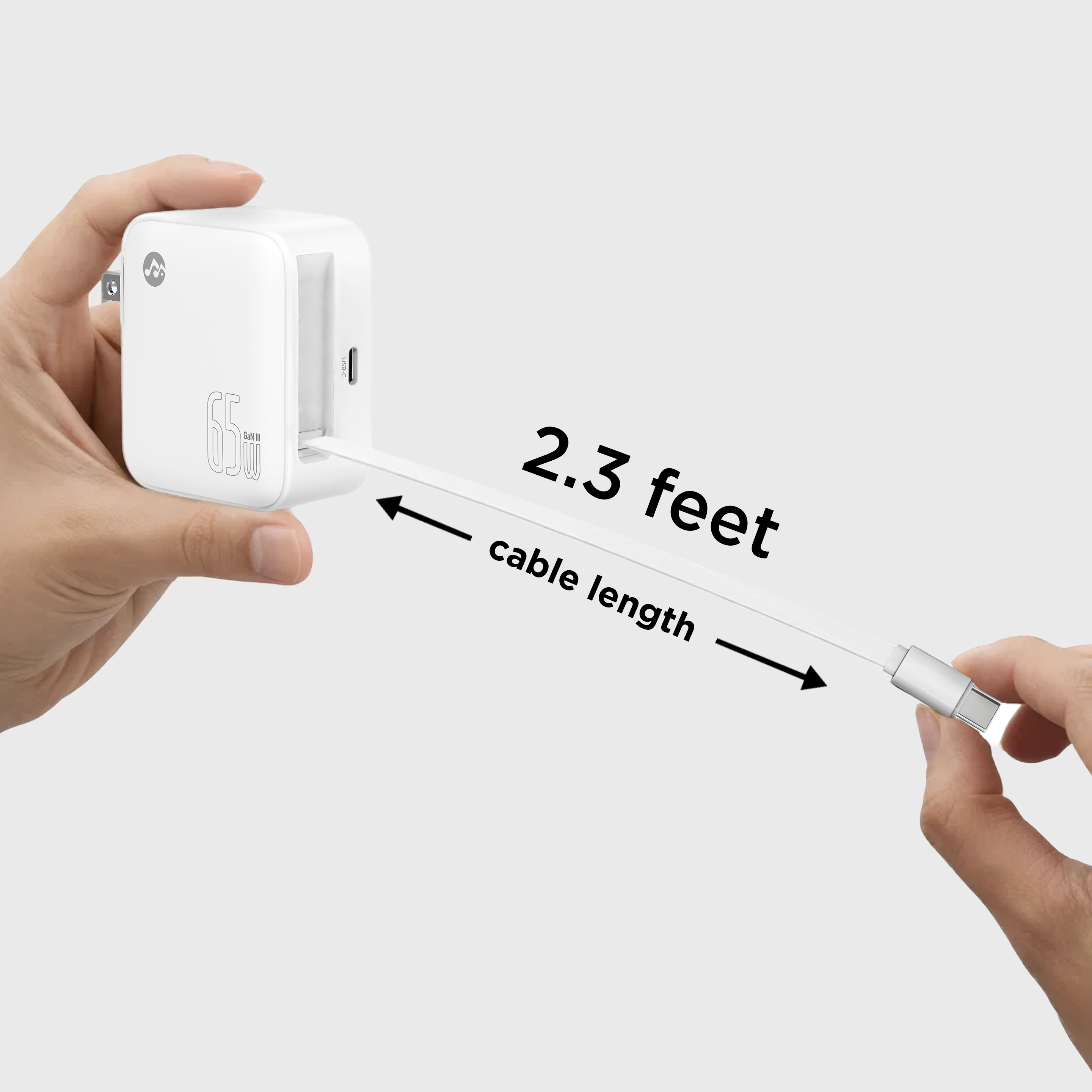 Close-up of white 65W foldable wall charger with retractable USB-C cable, portable power adapter for devices, SKU: R5565-00