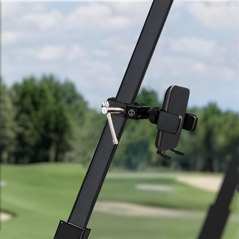 Golf cart handlebar with adjustable phone holder securely gripping a smartphone, ideal for navigation and hands-free use outdoors.