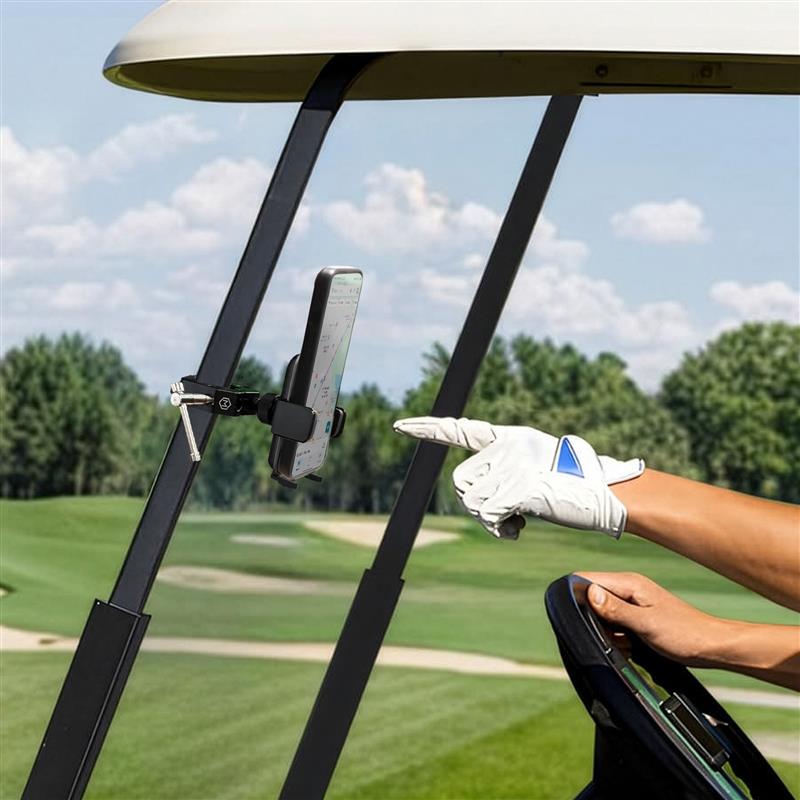 Golf cart driver using a mounted smartphone holder for navigation, with a scenic outdoor background and clear device view.