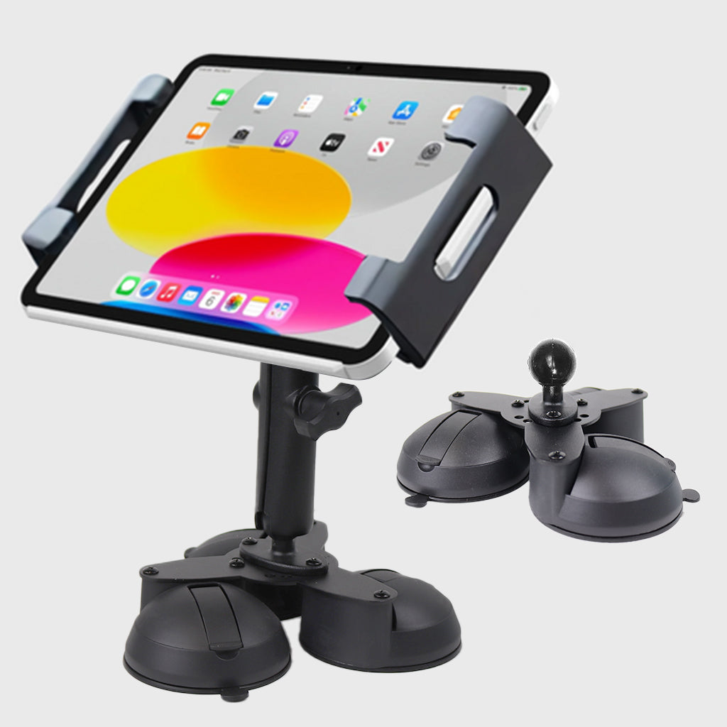 Heavy duty triple suction industrial mount for iPads and tablets, black plastic with adjustable arms, mounted on vehicle dashboard, SKU: M9500-B3