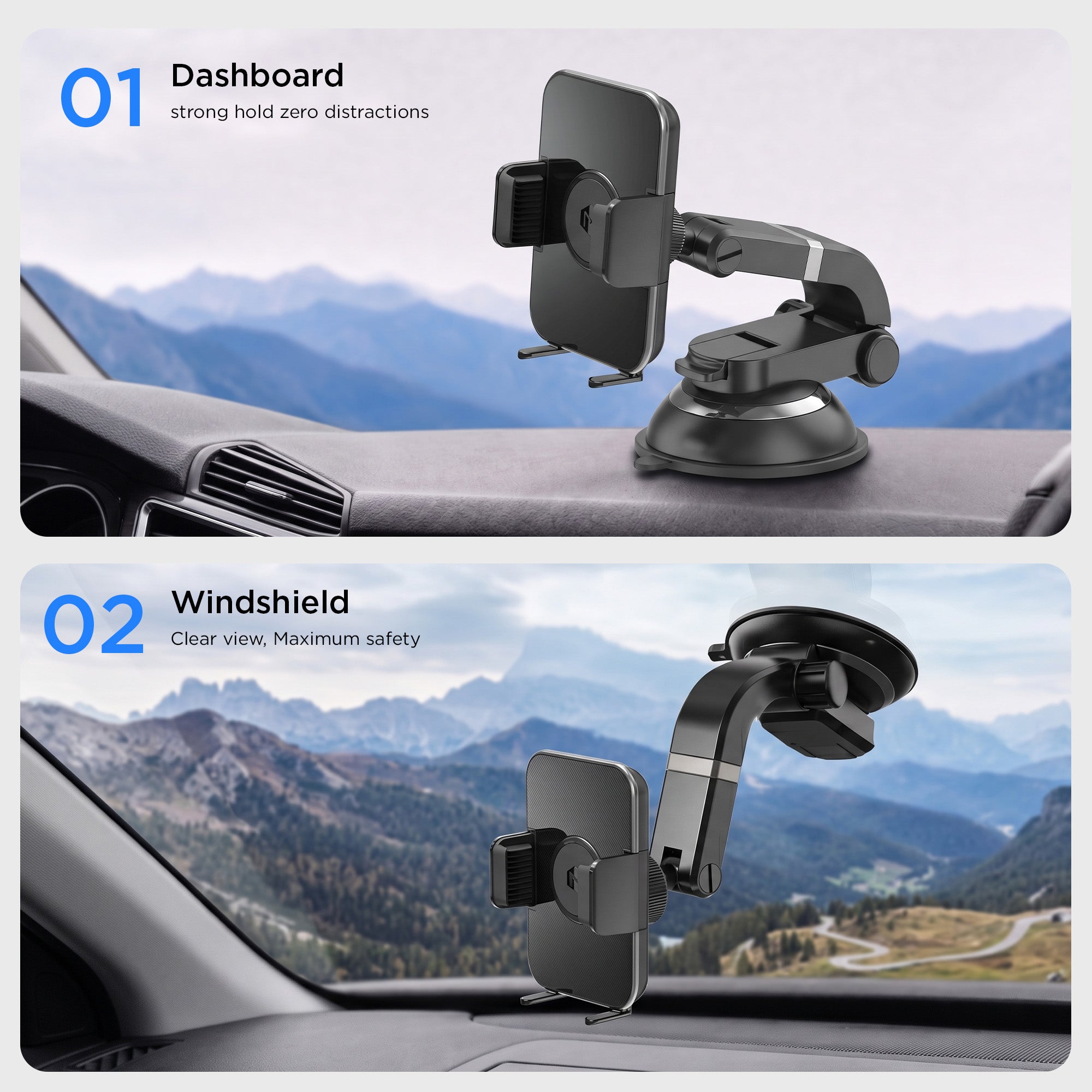 One-Touch Cradle Phone Mount With Multi-Angle Adjustable Suction Cup for iPhone and Android